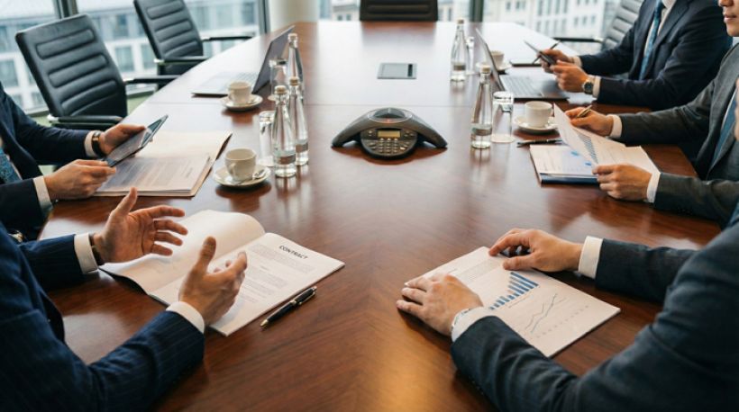 Verhandlungstisch mit mehreren Parteien in einem Büro