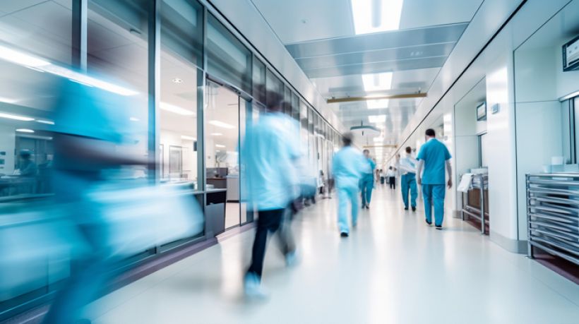 Krankenhaus Flur mit mehreren Mitarbeitern im Alltag